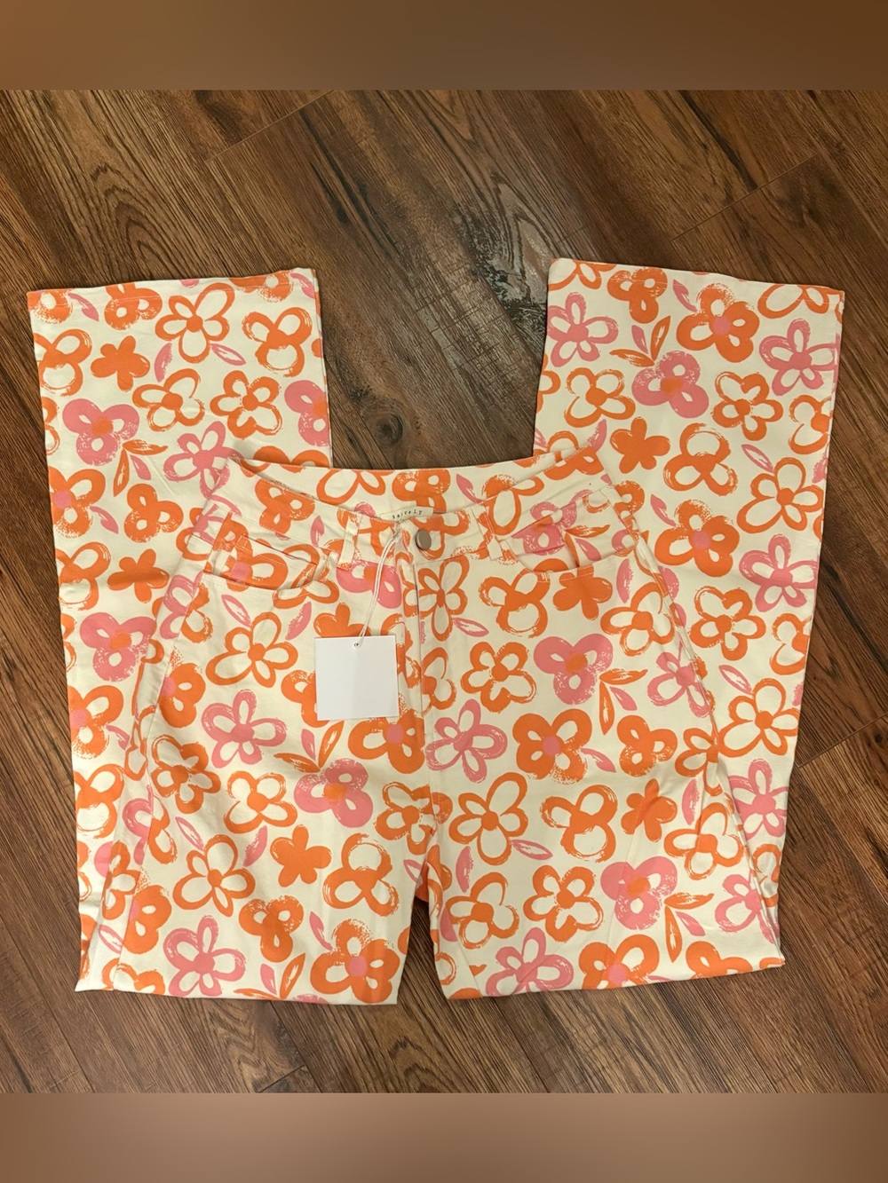 Wide-Leg Floral Print Pants in Cream, Orange & Pink